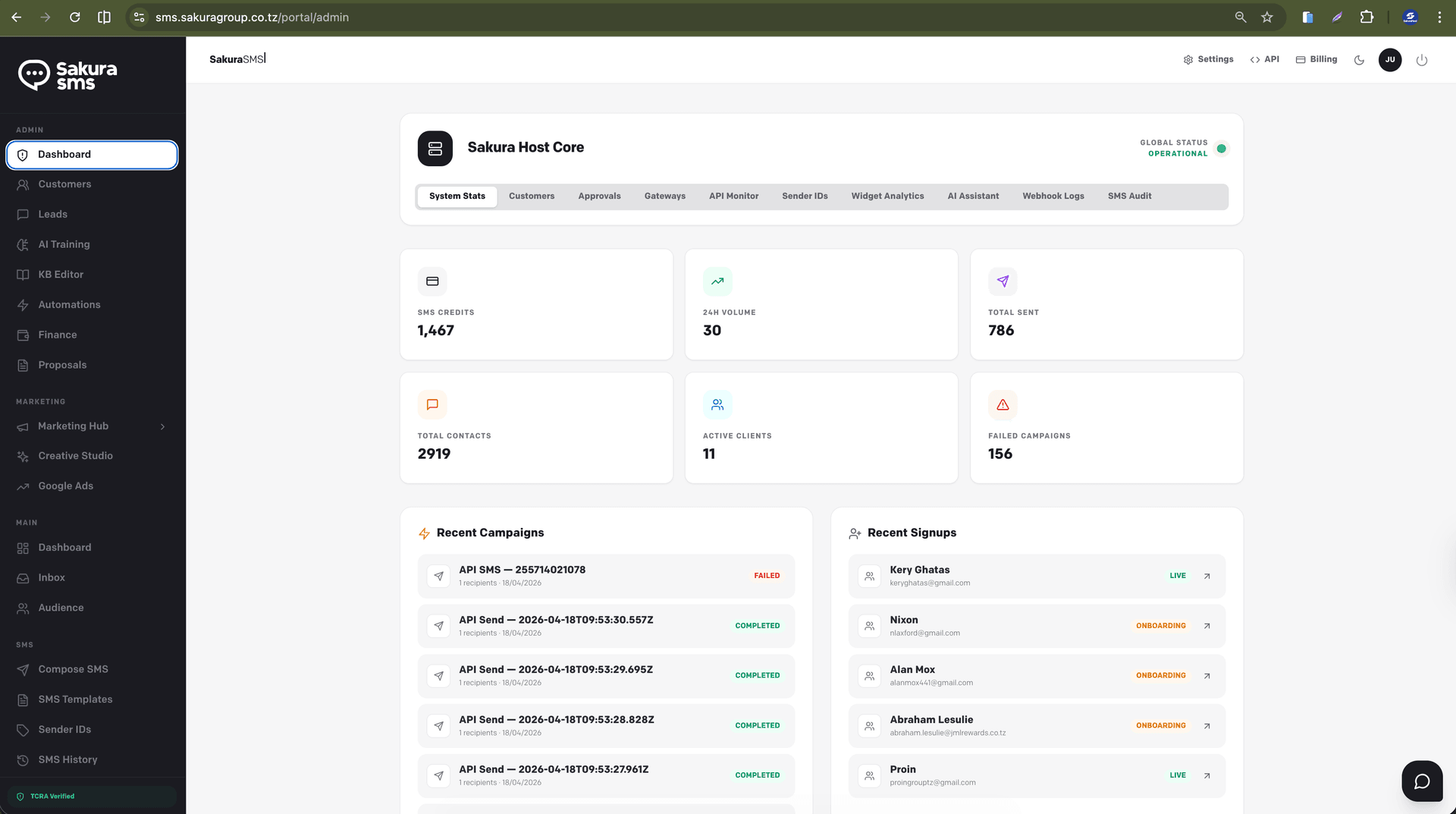 Sakura SMS portal dashboard